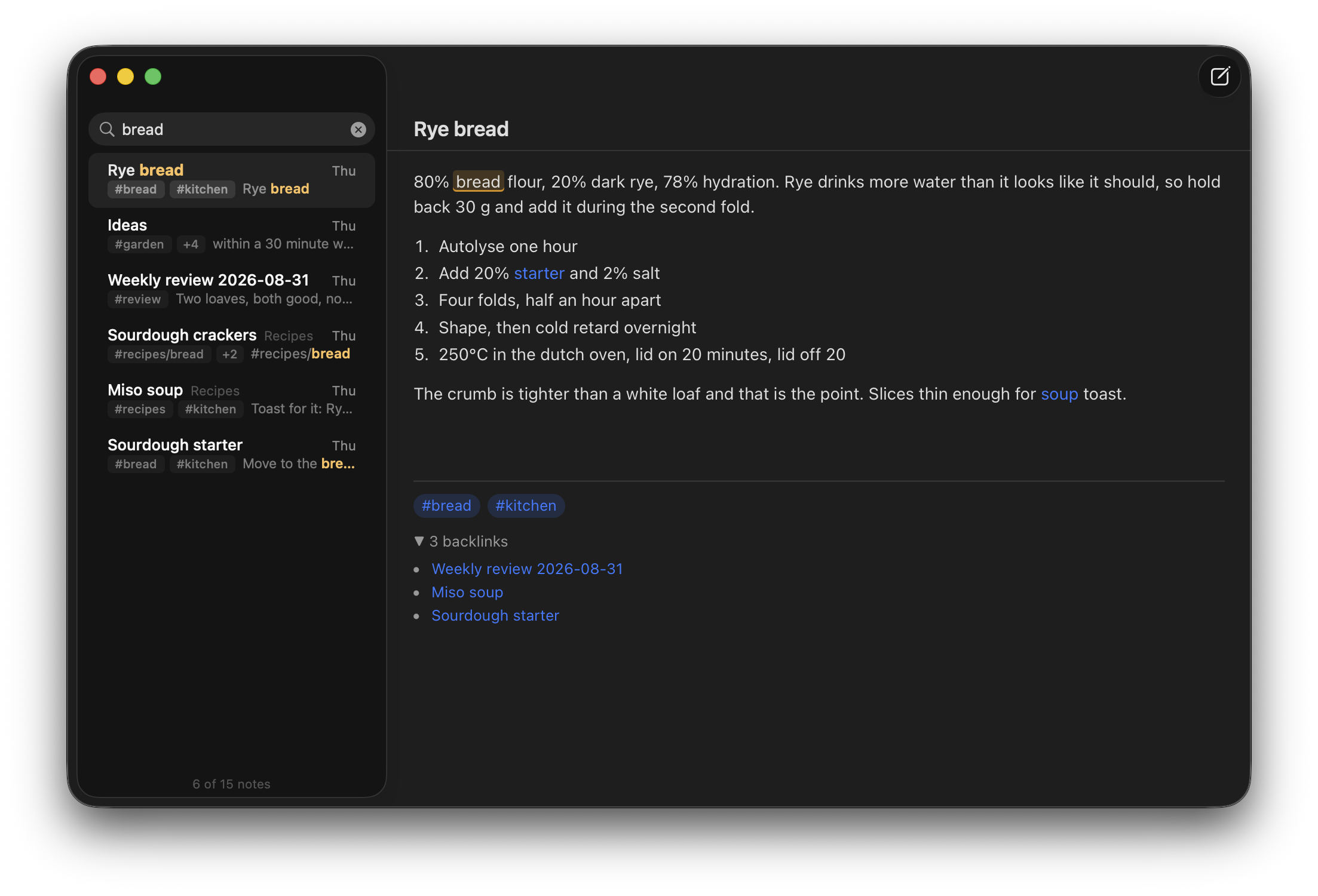 The Knap window: a search for the word bread filtering a list of notes, with matches highlighted in the list and in the Rye bread note shown beside it, ending in its three backlinks
